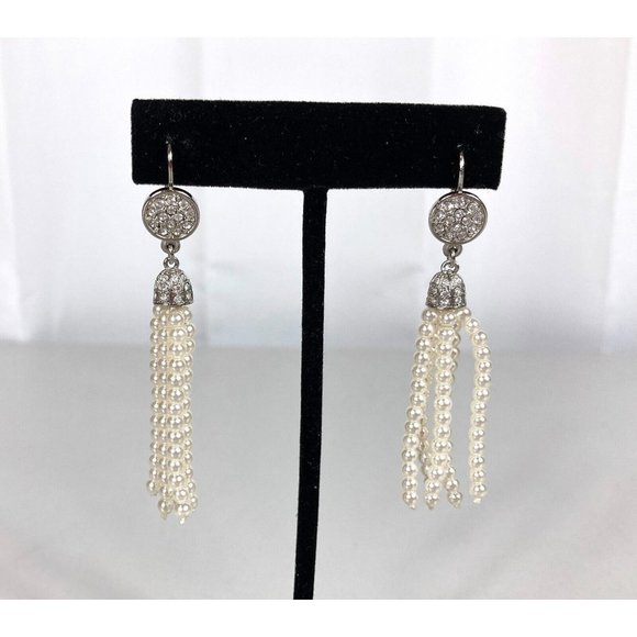 Faux Pearl Drop Dangle Pave Stones Pierced Earrings Lever Back Closure - Picture 1 of 7